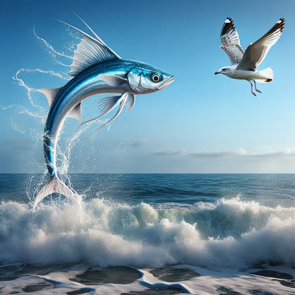 flying fish catching a bird above the waves